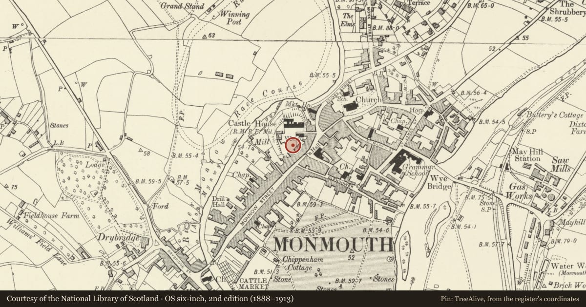 Ordnance Survey six-inch map, 2nd edition (1888–1913) covering the location of War Memorial of the Royal Monmouthshire Royal Engineers, Monmouthshire, with a pin at the register's coordinates