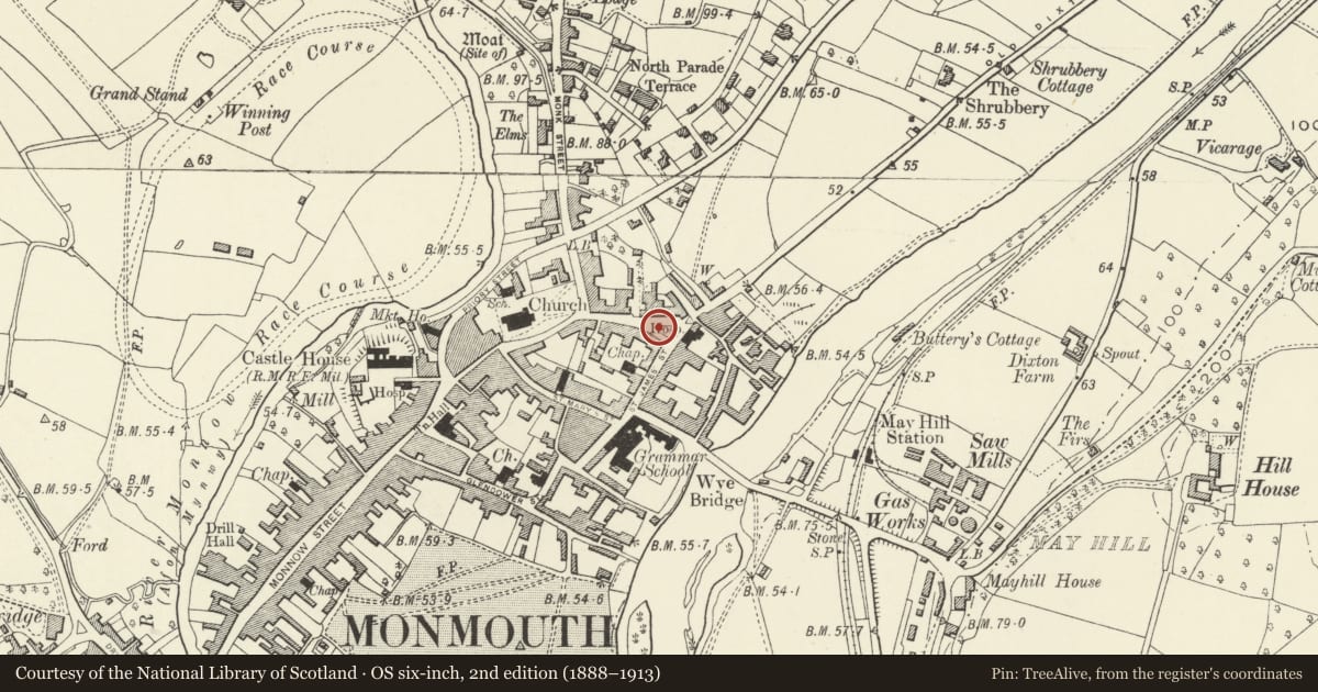 Ordnance Survey six-inch map, 2nd edition (1888–1913) covering the location of War Memorial, Monmouth, Monmouthshire, with a pin at the register's coordinates