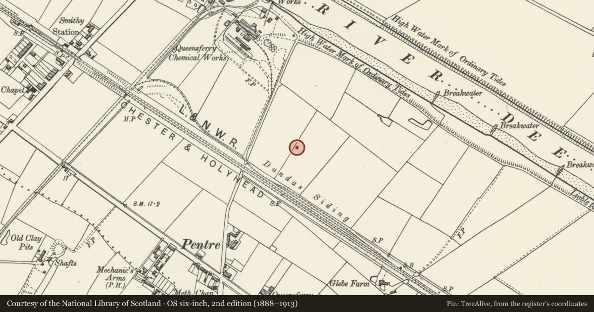 Ordnance Survey six-inch map, 2nd edition (1888–1913) covering the location of Former Willans & Robinson Factory, West Block, Queensferry, Flintshire, with a pin at the register's coordinates