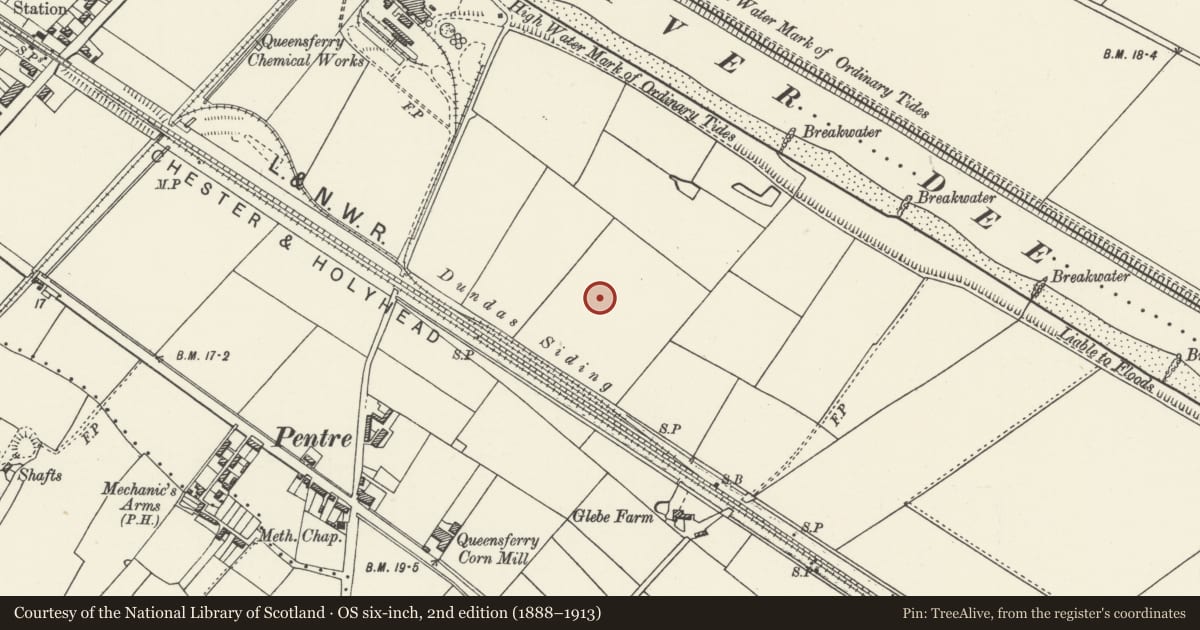 Ordnance Survey six-inch map, 2nd edition (1888–1913) covering the location of Former Willans & Robinson Factory, East Block, Queensferry, Flintshire, with a pin at the register's coordinates