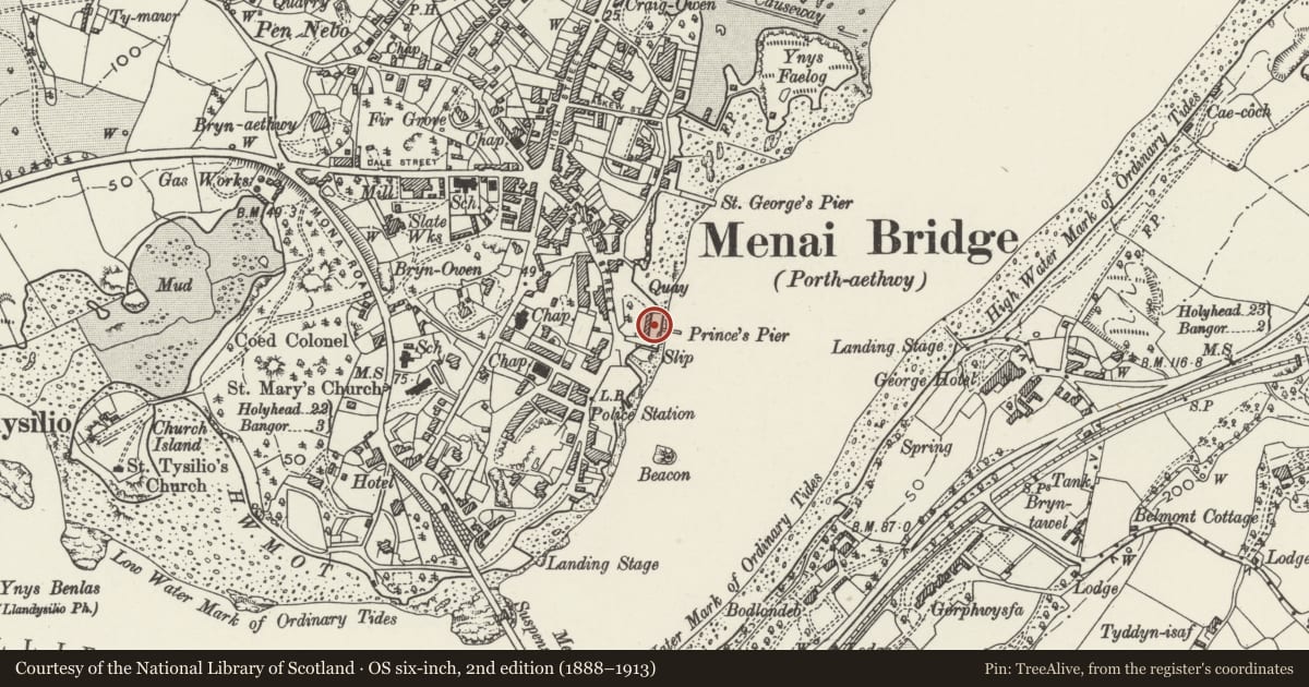 Ordnance Survey six-inch map, 2nd edition (1888–1913) covering the location of Princes Pier Wharf, Menai Bridge, Isle of Anglesey, with a pin at the register's coordinates