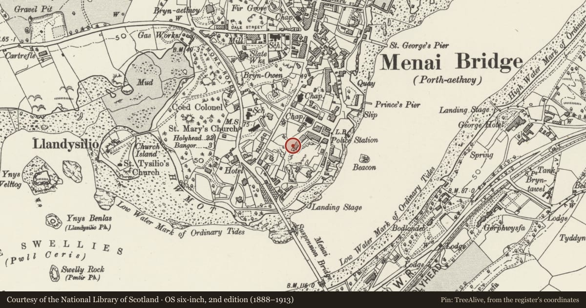 Ordnance Survey six-inch map, 2nd edition (1888–1913) covering the location of New Street, Menai Bridge, Isle of Anglesey, with a pin at the register's coordinates