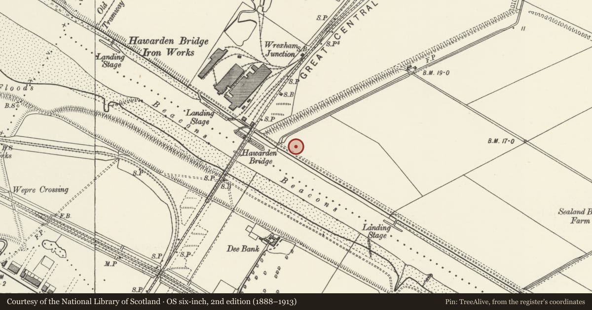 Ordnance Survey six-inch map, 2nd edition (1888–1913) covering the location of Office Building, Corus Steelworks, Sealand, Flintshire, with a pin at the register's coordinates
