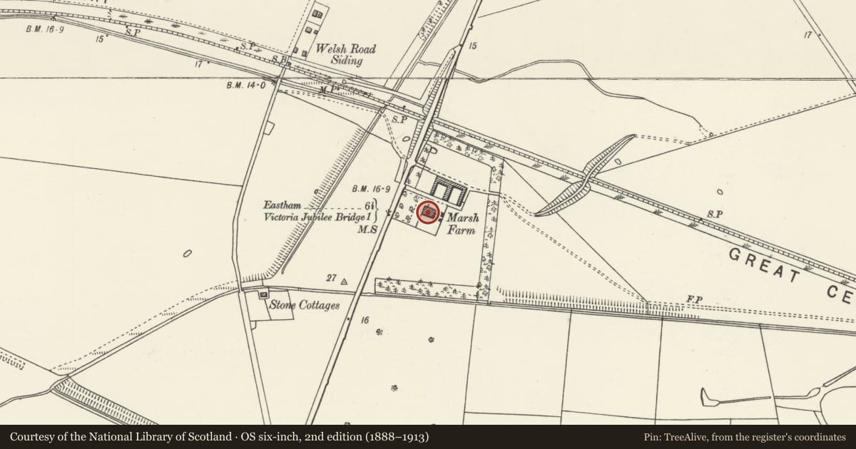 Ordnance Survey six-inch map, 2nd edition (1888–1913) covering the location of Old Marsh Farm, Sealand, Flintshire, with a pin at the register's coordinates