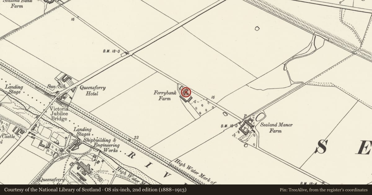 Ordnance Survey six-inch map, 2nd edition (1888–1913) covering the location of Ferry bank Farm, Sealand, Flintshire, with a pin at the register's coordinates