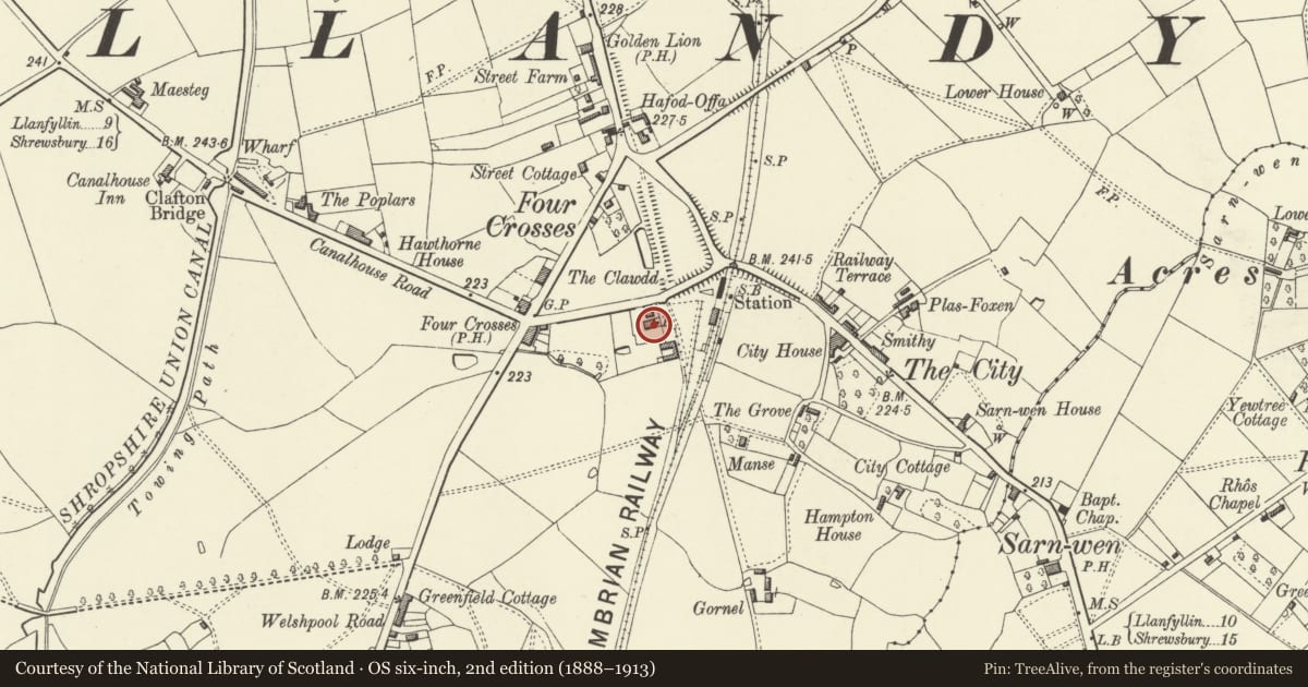 Ordnance Survey six-inch map, 2nd edition (1888–1913) covering the location of Greenfield House, Llandysilio, Powys, with a pin at the register's coordinates