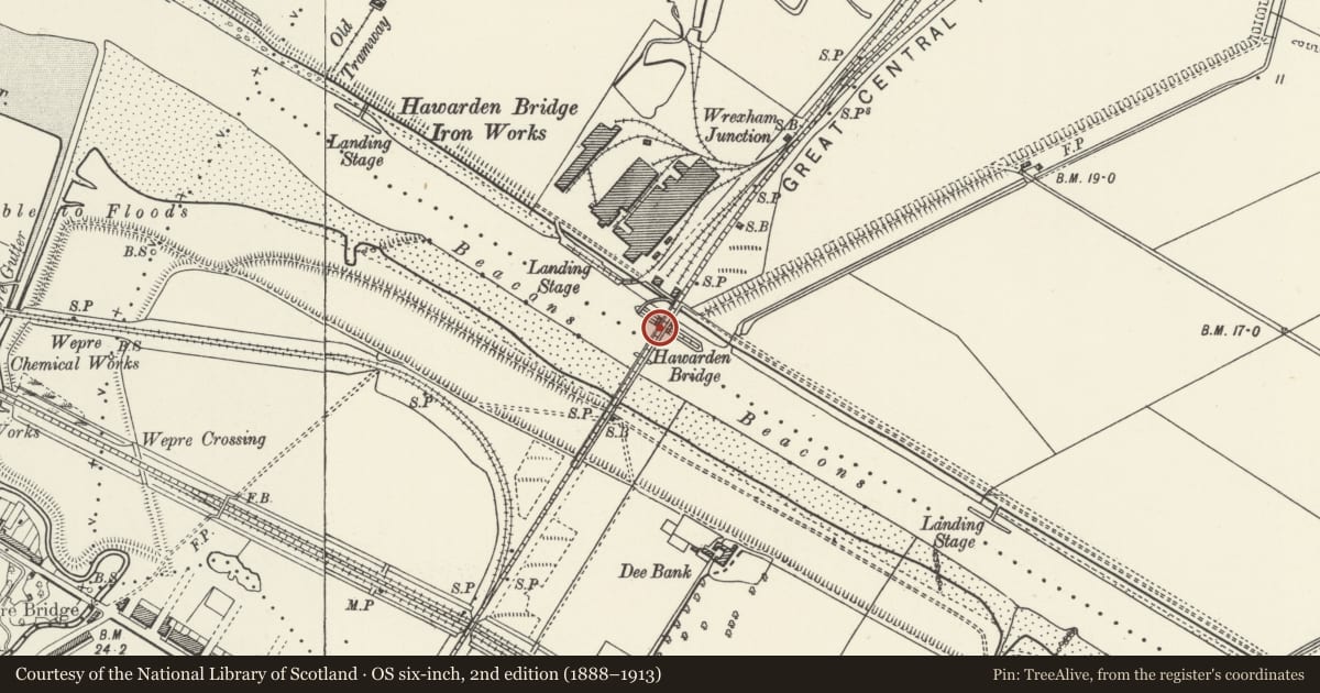 Ordnance Survey six-inch map, 2nd edition (1888–1913) covering the location of Hawarden Bridge (partly in Shotton community), Sealand, Flintshire, with a pin at the register's coordinates