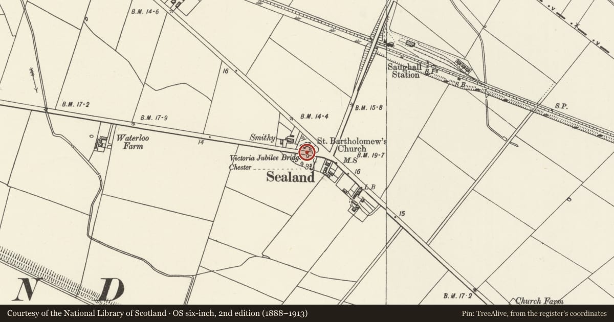 Ordnance Survey six-inch map, 2nd edition (1888–1913) covering the location of Churchyard Boundary Wall, Church of St Bartholomew, Sealand, Flintshire, with a pin at the register's coordinates