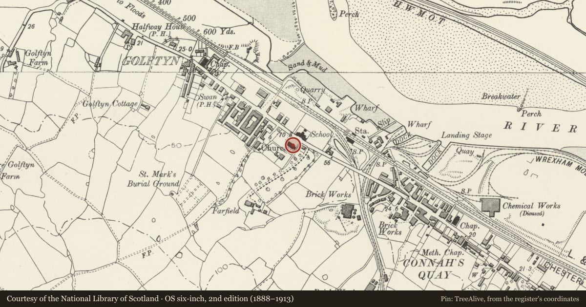 Ordnance Survey six-inch map, 2nd edition (1888–1913) covering the location of Church of St Mark, Connah's Quay, Flintshire, with a pin at the register's coordinates