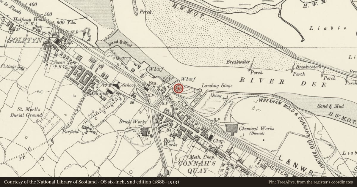 Ordnance Survey six-inch map, 2nd edition (1888–1913) covering the location of Dock Basin, Connah's Quay, Flintshire, with a pin at the register's coordinates