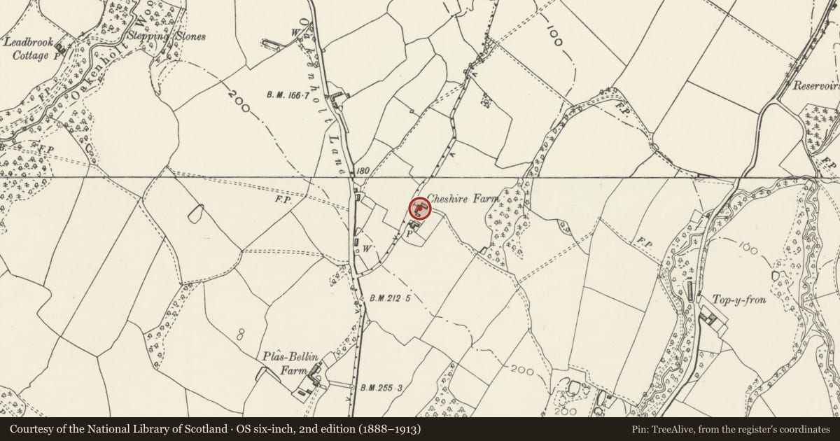 Ordnance Survey six-inch map, 2nd edition (1888–1913) covering the location of Farm Buildings at Cheshire Farm, Connah's Quay, Flintshire, with a pin at the register's coordinates