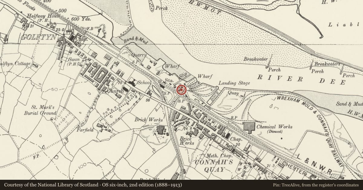 Ordnance Survey six-inch map, 2nd edition (1888–1913) covering the location of Former Barn, Old Quay House Inn, Connah's Quay, Flintshire, with a pin at the register's coordinates