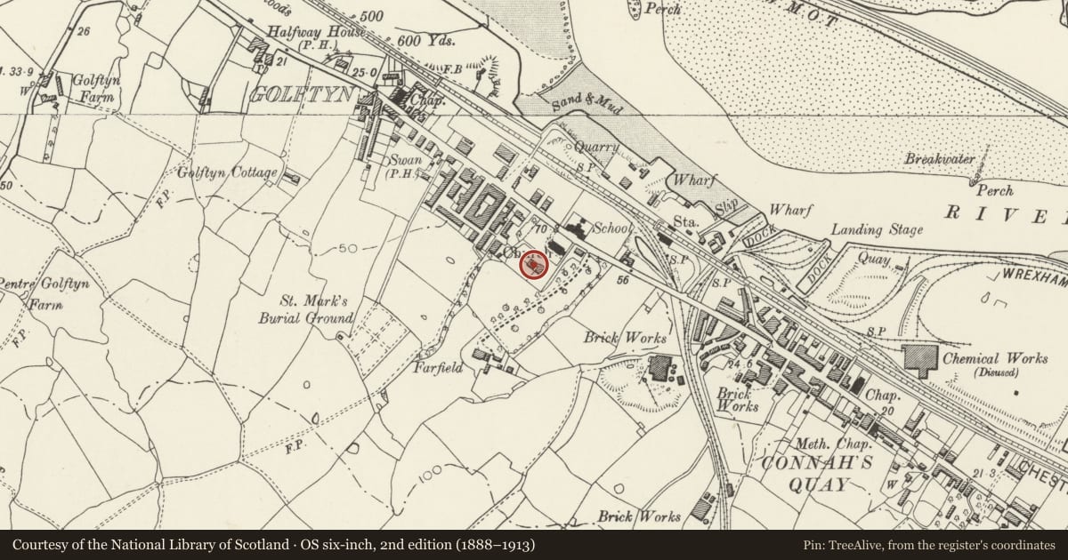 Ordnance Survey six-inch map, 2nd edition (1888–1913) covering the location of Former Stable Block & attached boundary walls, Connah's Quay, Flintshire, with a pin at the register's coordinates