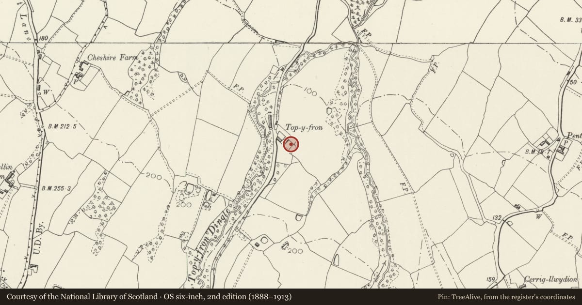 Ordnance Survey six-inch map, 2nd edition (1888–1913) covering the location of Kitchen Garden Walls at Top y Fron Hall, Connah's Quay, Flintshire, with a pin at the register's coordinates