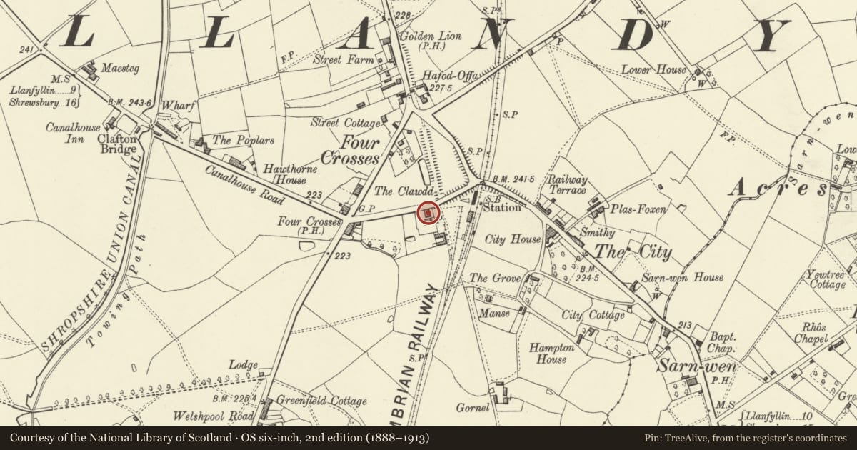 Ordnance Survey six-inch map, 2nd edition (1888–1913) covering the location of Old Milk Factory (Ice Cremery) adjacent to Greenfield House, Llandysilio, Powys, with a pin at the register's coordinates
