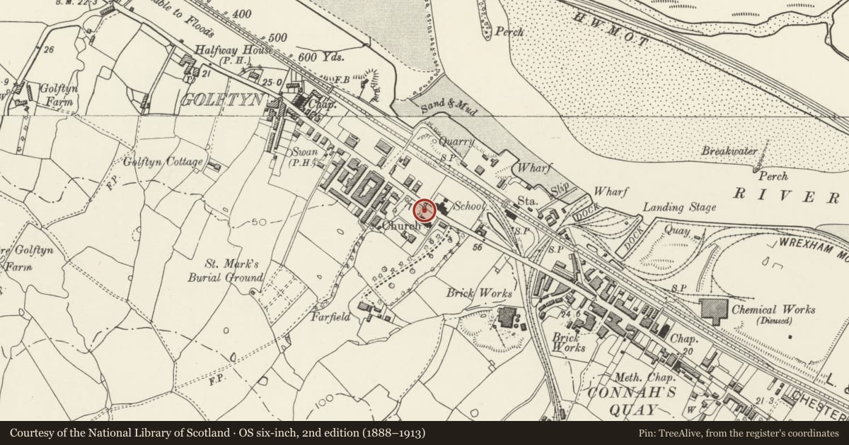 Ordnance Survey six-inch map, 2nd edition (1888–1913) covering the location of Lychgate at Church of St Mark, Connah's Quay, Flintshire, with a pin at the register's coordinates