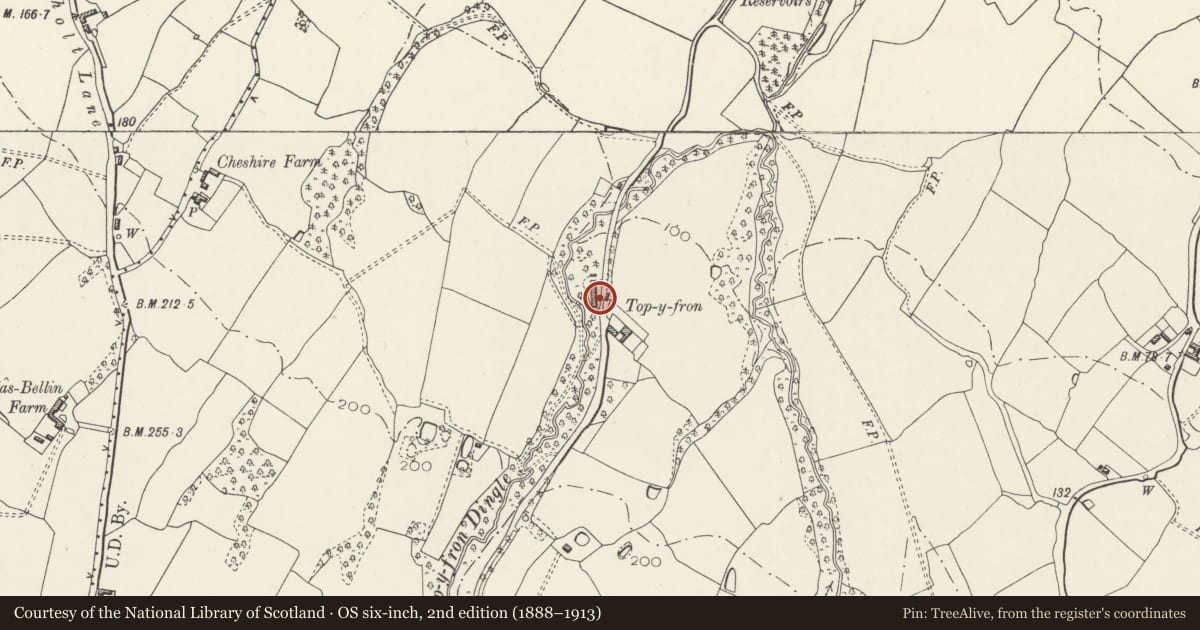 Ordnance Survey six-inch map, 2nd edition (1888–1913) covering the location of Multi-purpose Farm Building, Top y Fron Farm, Connah's Quay, Flintshire, with a pin at the register's coordinates