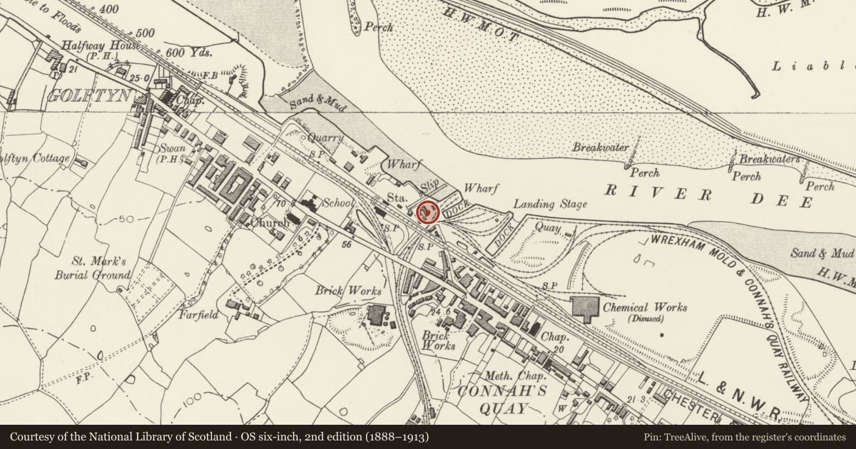Ordnance Survey six-inch map, 2nd edition (1888–1913) covering the location of Old Quay House Inn, Connah's Quay, Flintshire, with a pin at the register's coordinates