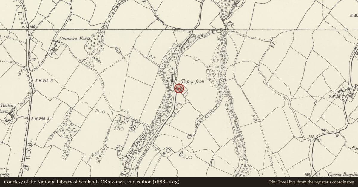Ordnance Survey six-inch map, 2nd edition (1888–1913) covering the location of Outbuilding including former stables, Top y Fron Hall, Connah's Quay, Flintshire, with a pin at the register's coordinates
