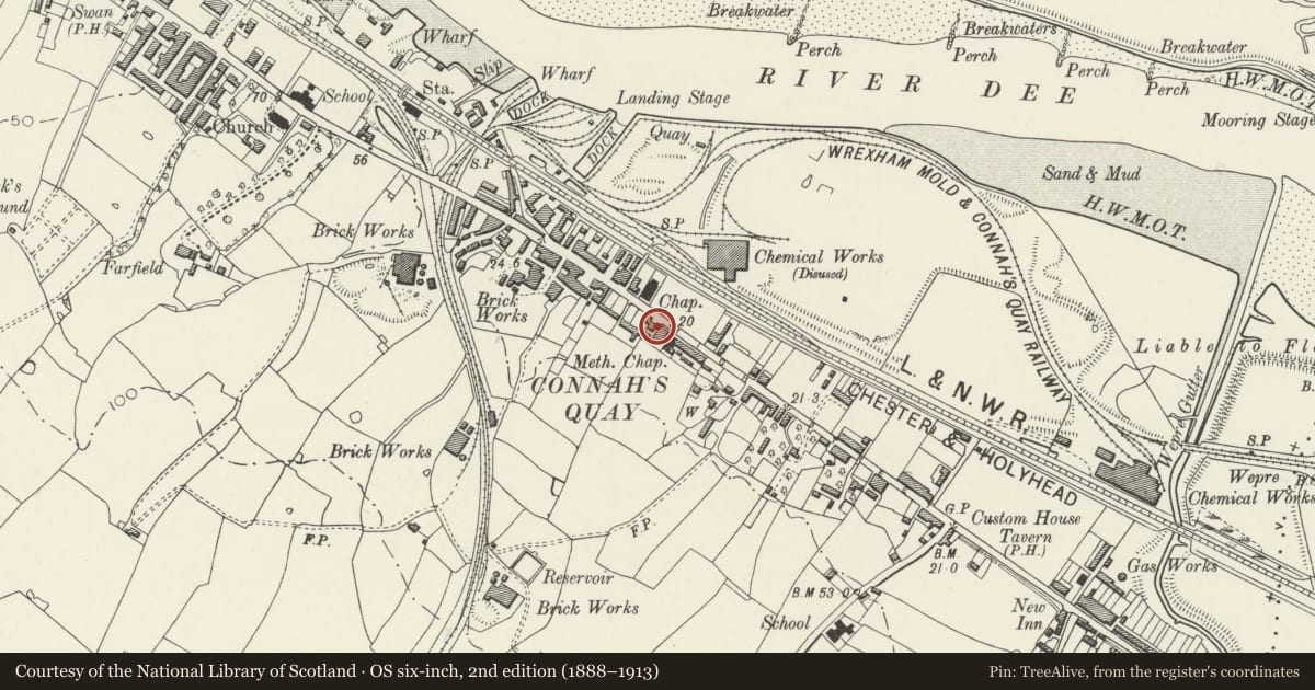 Ordnance Survey six-inch map, 2nd edition (1888–1913) covering the location of The Ship Public House, Connah's Quay, Flintshire, with a pin at the register's coordinates