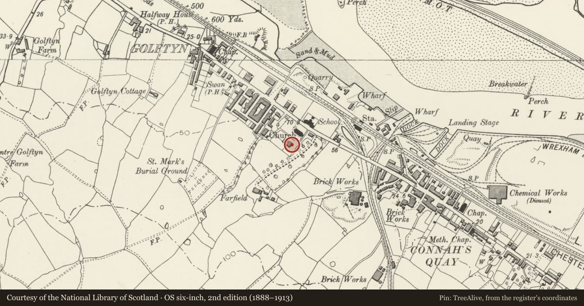 Ordnance Survey six-inch map, 2nd edition (1888–1913) covering the location of The Vicarage, Connah's Quay, Flintshire, with a pin at the register's coordinates