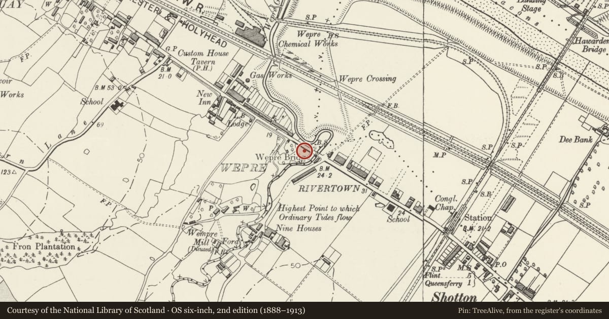 Ordnance Survey six-inch map, 2nd edition (1888–1913) covering the location of War Memorial, Connah's Quay, Flintshire, with a pin at the register's coordinates