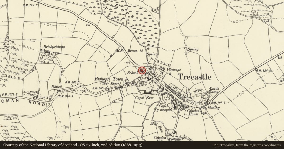 Ordnance Survey six-inch map, 2nd edition (1888–1913) covering the location of Former National School and National School House, Llywel, Powys, with a pin at the register's coordinates