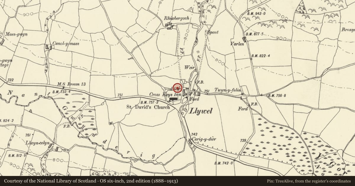 Ordnance Survey six-inch map, 2nd edition (1888–1913) covering the location of Former school in Llywel churchyard, Powys, with a pin at the register's coordinates