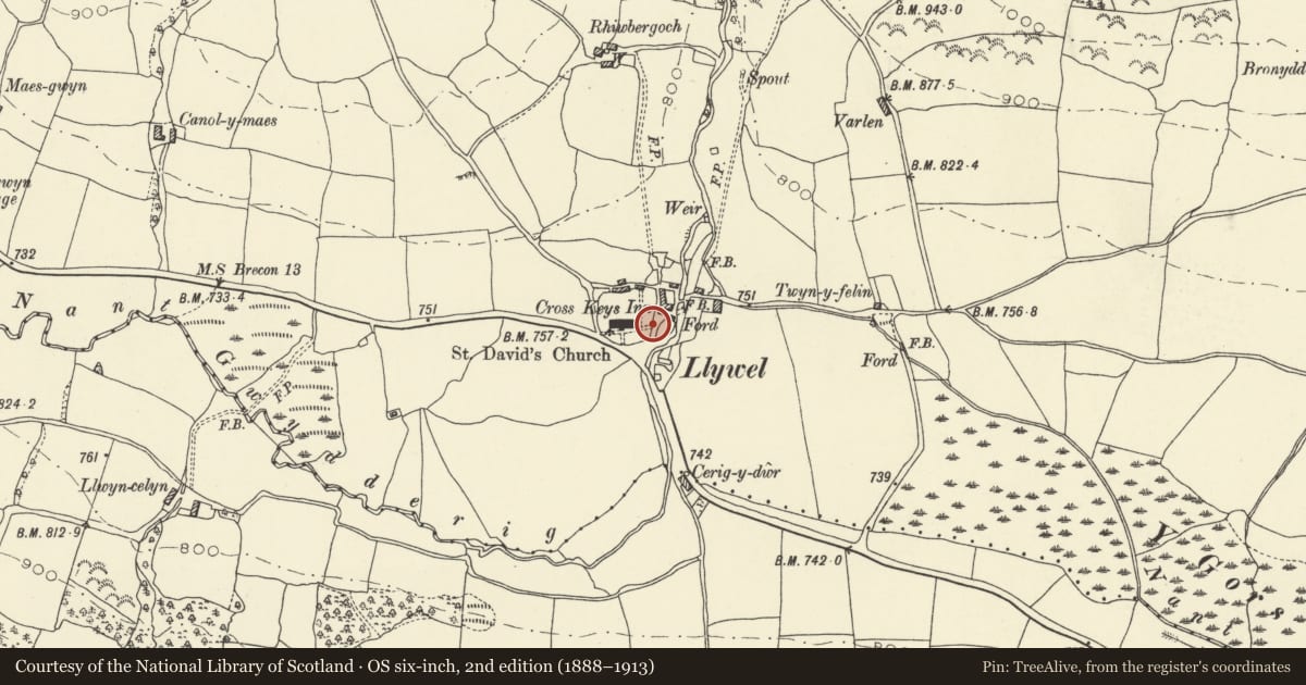 Ordnance Survey six-inch map, 2nd edition (1888–1913) covering the location of Gatepiers and gate on E side of Llywel churchyard, Powys, with a pin at the register's coordinates