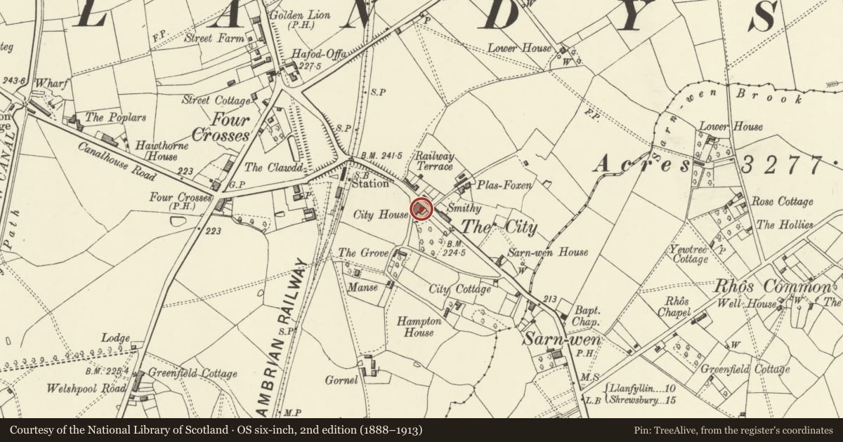 Ordnance Survey six-inch map, 2nd edition (1888–1913) covering the location of House attached to Post Office, including forecourt walls & railings, Llandysilio, Powys, with a pin at the register's coordinates