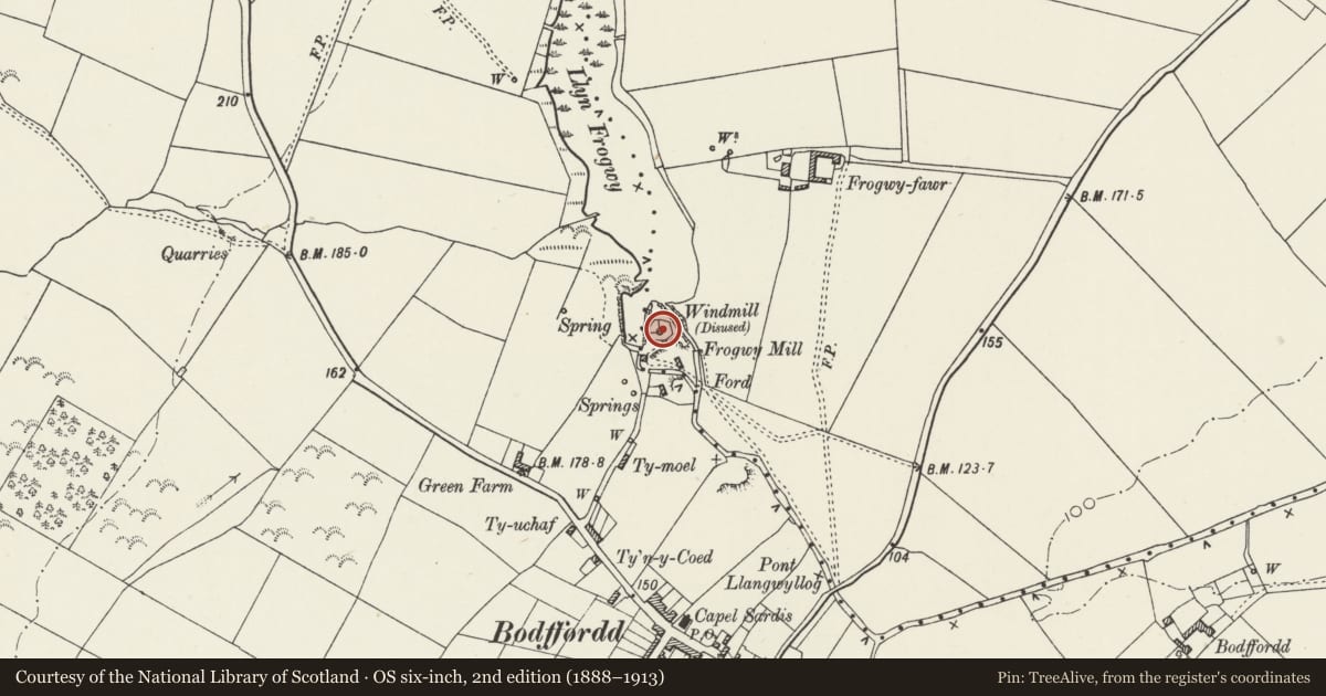 Ordnance Survey six-inch map, 2nd edition (1888–1913) covering the location of Melin Frogwy, Llanddyfnan, Isle of Anglesey, with a pin at the register's coordinates