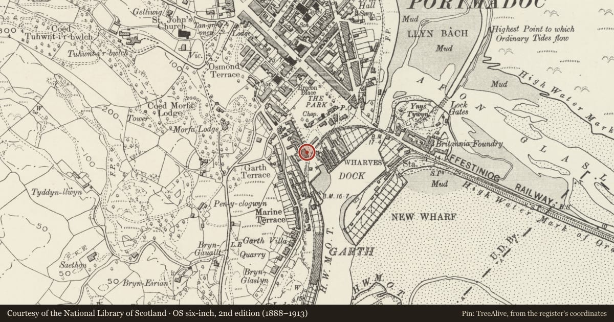 Ordnance Survey six-inch map, 2nd edition (1888–1913) covering the location of Cadw Mei Ce and house, Porthmadog, Gwynedd, with a pin at the register's coordinates