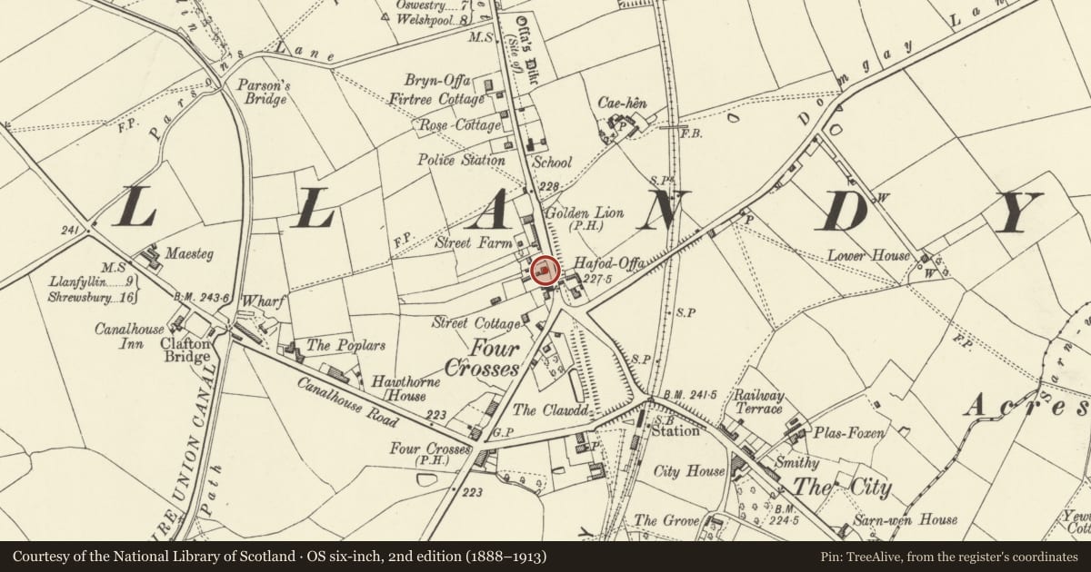 Ordnance Survey six-inch map, 2nd edition (1888–1913) covering the location of Street House, Llandysilio, Powys, with a pin at the register's coordinates