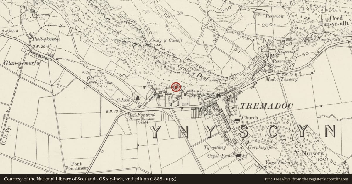 Ordnance Survey six-inch map, 2nd edition (1888–1913) covering the location of 10 Y Graig (Sunnyside), Porthmadog, Gwynedd, with a pin at the register's coordinates