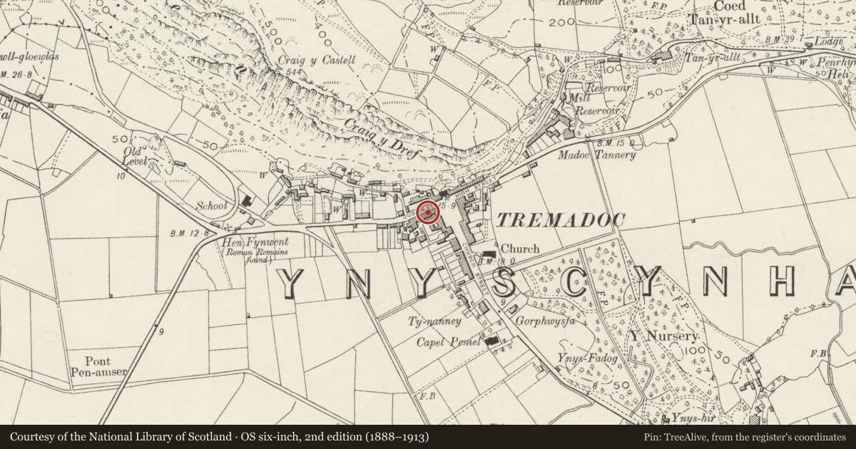 Ordnance Survey six-inch map, 2nd edition (1888–1913) covering the location of 11 Heol Dulyn (Dublin Street), Porthmadog, Gwynedd, with a pin at the register's coordinates