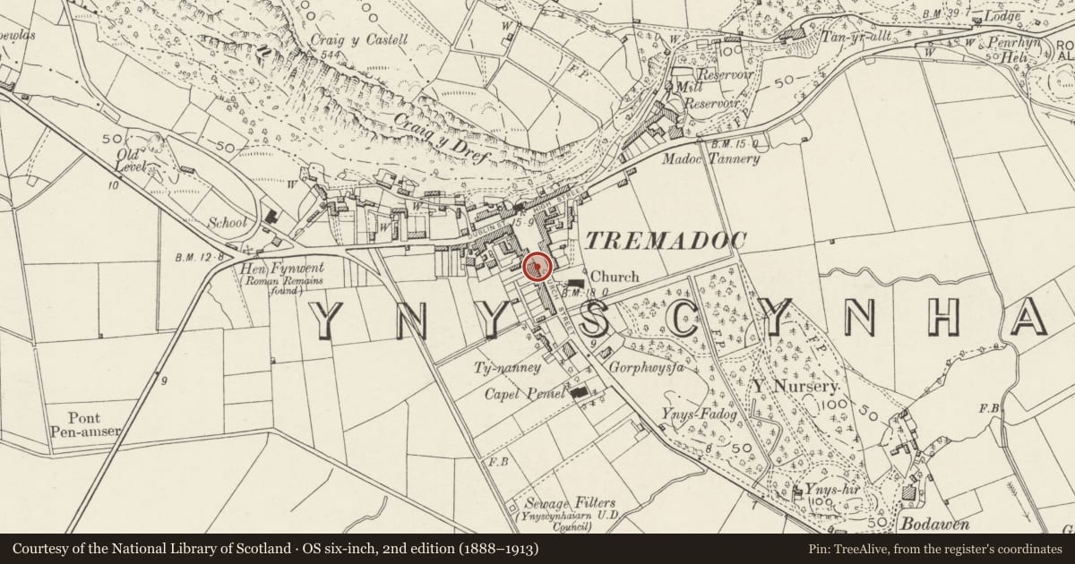 Ordnance Survey six-inch map, 2nd edition (1888–1913) covering the location of 12 Hoel y Llan (Church Street), Porthmadog, Gwynedd, with a pin at the register's coordinates