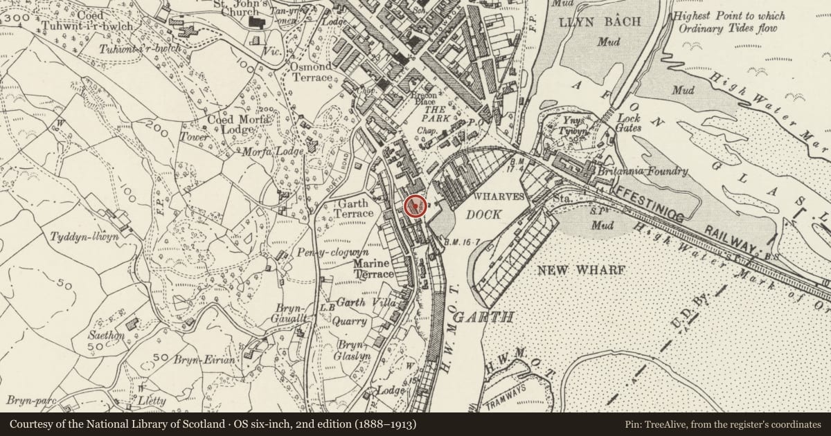 Ordnance Survey six-inch map, 2nd edition (1888–1913) covering the location of 12 Pencei (Cornhill), Porthmadog, Gwynedd, with a pin at the register's coordinates