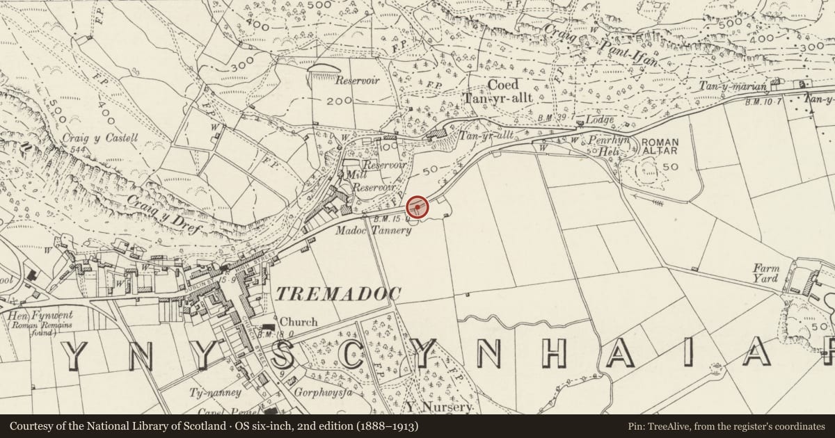 Ordnance Survey six-inch map, 2nd edition (1888–1913) covering the location of Bridge over drainage ditch at entrance to Tan-y-Marian, Porthmadog, Gwynedd, with a pin at the register's coordinates