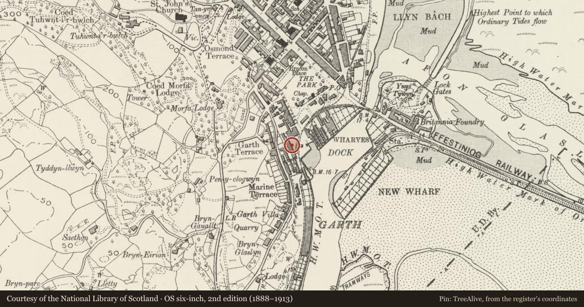 Ordnance Survey six-inch map, 2nd edition (1888–1913) covering the location of 13 Pencei (Cornhill), Porthmadog, Gwynedd, with a pin at the register's coordinates
