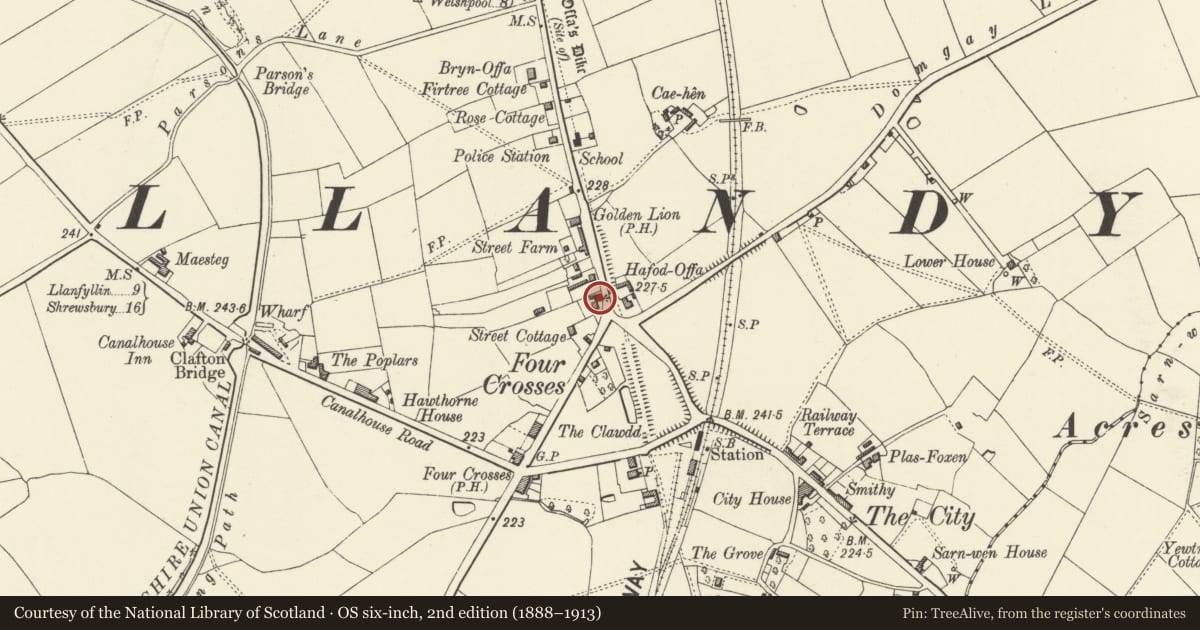 Ordnance Survey six-inch map, 2nd edition (1888–1913) covering the location of Former Domgay Chapel, Llandysilio, Powys, with a pin at the register's coordinates