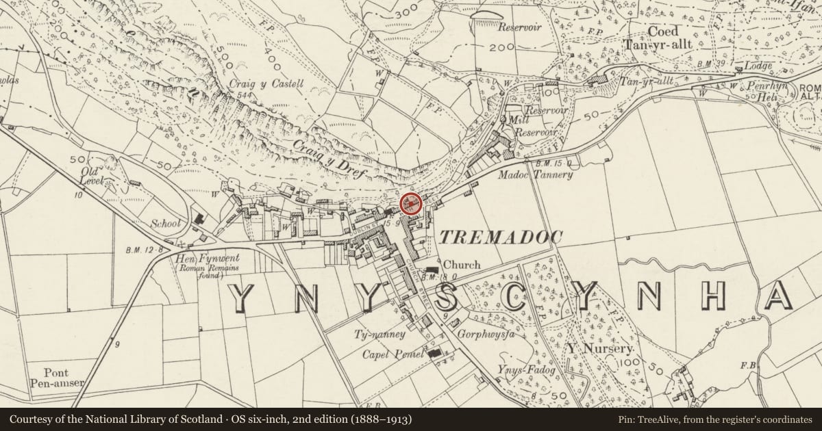 Ordnance Survey six-inch map, 2nd edition (1888–1913) covering the location of 13 Sgwar y Farchnad (High Street), Porthmadog, Gwynedd, with a pin at the register's coordinates