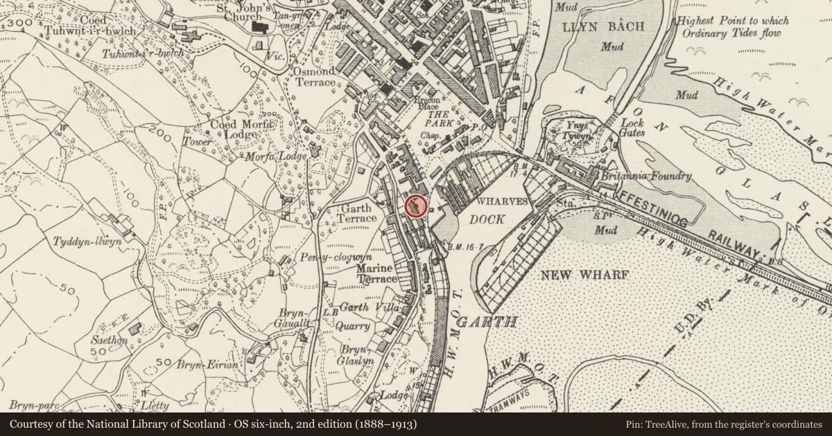 Ordnance Survey six-inch map, 2nd edition (1888–1913) covering the location of 14 Pencei (Cornhill), Porthmadog, Gwynedd, with a pin at the register's coordinates