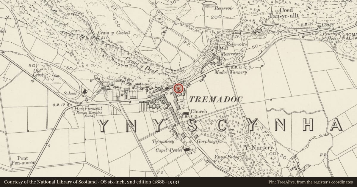 Ordnance Survey six-inch map, 2nd edition (1888–1913) covering the location of 14 Sgwar y Farchnad (High Street), Porthmadog, Gwynedd, with a pin at the register's coordinates
