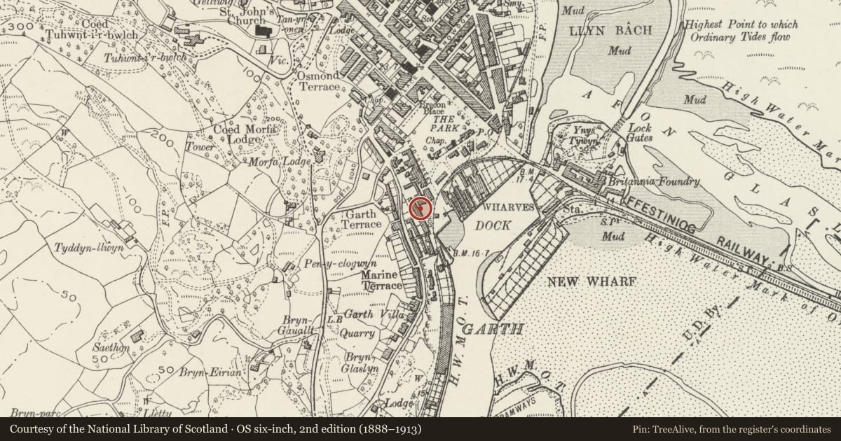 Ordnance Survey six-inch map, 2nd edition (1888–1913) covering the location of 15 Pencei (Cornhill), Porthmadog, Gwynedd, with a pin at the register's coordinates