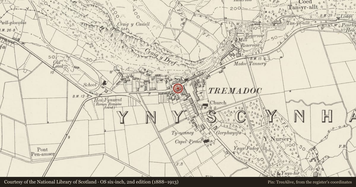 Ordnance Survey six-inch map, 2nd edition (1888–1913) covering the location of 15 Heol Dulyn (Dublin Street), Porthmadog, Gwynedd, with a pin at the register's coordinates