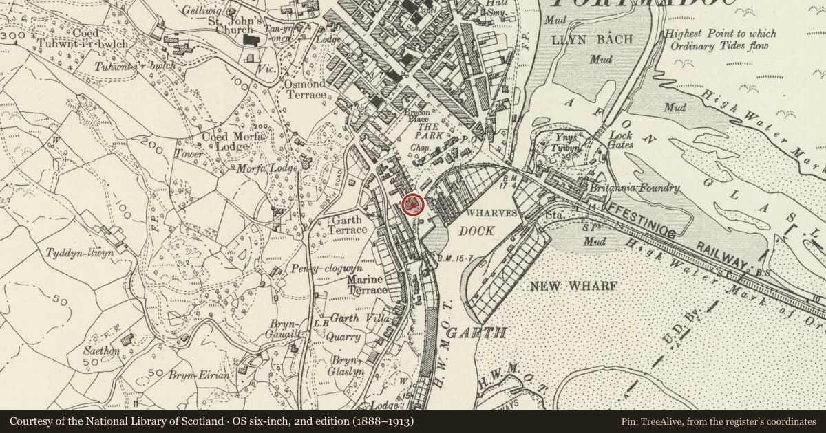 Ordnance Survey six-inch map, 2nd edition (1888–1913) covering the location of 19 Pencei (Cornhill), Porthmadog, Gwynedd, with a pin at the register's coordinates