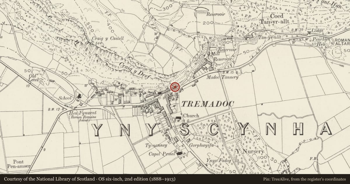 Ordnance Survey six-inch map, 2nd edition (1888–1913) covering the location of 21 Sgwar y Farchnad (High Street), Porthmadog, Gwynedd, with a pin at the register's coordinates