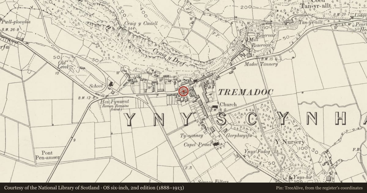 Ordnance Survey six-inch map, 2nd edition (1888–1913) covering the location of 23 Heol Dulyn (Dublin Street), Porthmadog, Gwynedd, with a pin at the register's coordinates