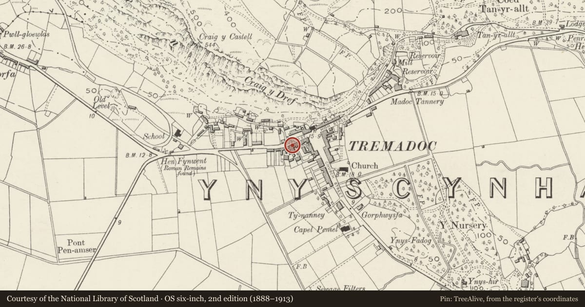 Ordnance Survey six-inch map, 2nd edition (1888–1913) covering the location of 25 Heol Dulyn (Dublin Street), Porthmadog, Gwynedd, with a pin at the register's coordinates