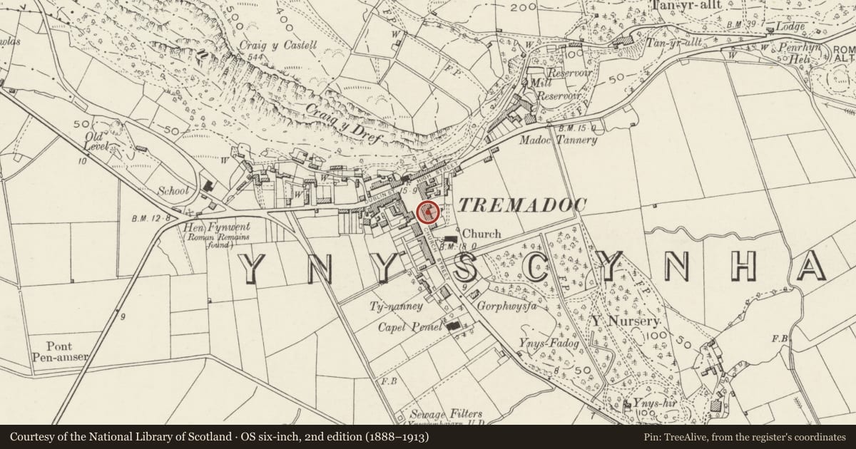 Ordnance Survey six-inch map, 2nd edition (1888–1913) covering the location of 3 Hoel y Llan (Church Street), Porthmadog, Gwynedd, with a pin at the register's coordinates